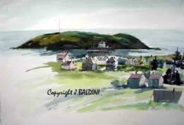 "Monhegan Panorama"WC on Arches #140 hot press20x14 unframed unmattedAVAILABLE FOR YOUR COLLECTION