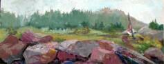 "MONHEGAN COVE IN FOG"en plein air original oil This painting was done on Lobster Cove on the South End of Monhegan Island , just below Jamie Wyeth's house ,in July with the fog rolling in and out of the background and middle ground trees. heavy knife impasto on masonite 8x20 unframed
